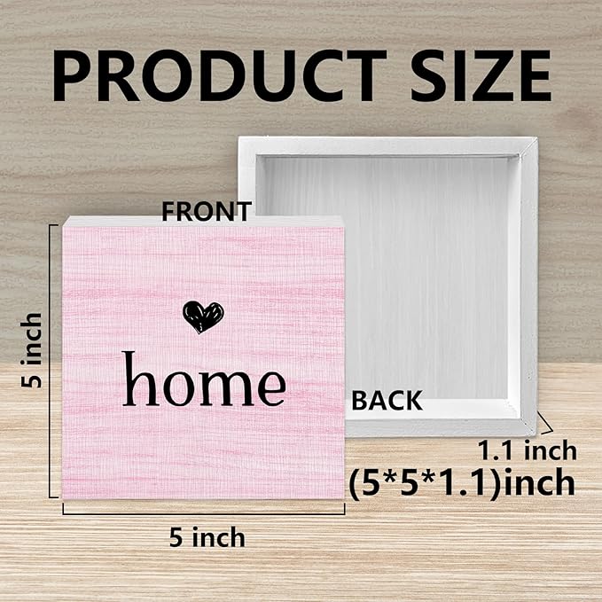 Home Sign, Home Signs for House Decor, Welcome Sign, Rustic Farmhouse Desk Decor Wood Block Box Plaque for Living Room Wall Shelf, Housewarming Gifts (Pink)