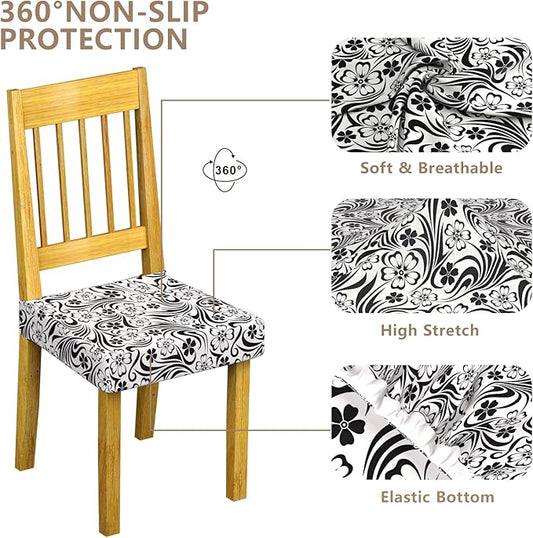 Stretch Dining Chair Seat Covers Set of 6,Dining Chair Slipcovers, Floral Printed Chair Covers,Soft Fabric Washable Upholstered Chair Seat Protector, No Rear Covers for Home Kitchen Dining Room