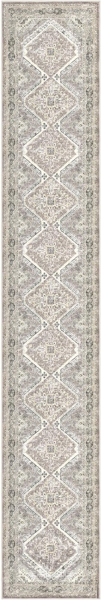 KUTA Washable Runner Rug 2.6x16, Non-Slip 16ft Extra Long Hallway Kitchen Rugs, Ivory Grey Yellow Brown Soft Printed Distressed Oriental Medallion 16ft Stair Runners Indoor for Bedroom Entryway