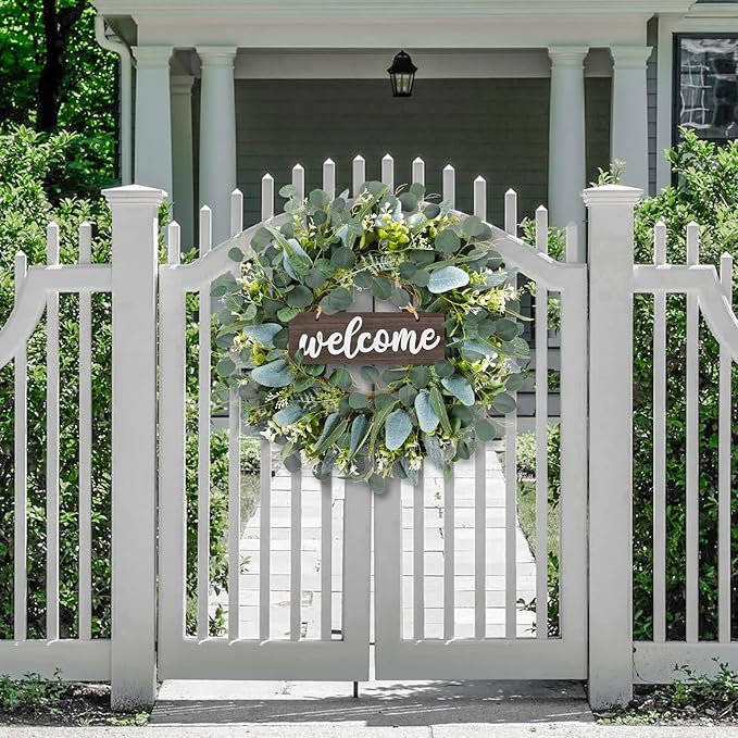 Dremisland Green Eucalyptus Wreath with Welcome Sign 22in Spring Summer Artificial Eucalyptus Wreath for Front Door, Wall, Window, Party Decor (Brown)