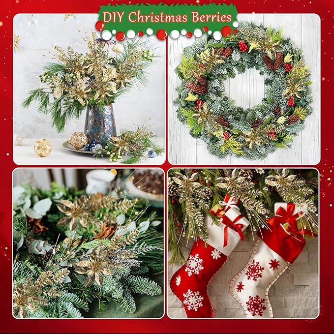 Artificial Glitter Berry Stem Ornaments, 18 Pack 17.5 Inch Gold Fake Christmas Picks Decorations with Poinsettia Christmas Flowers, Bead Sticks for Christmas Tree Wedding Small Vase Wreath Decor