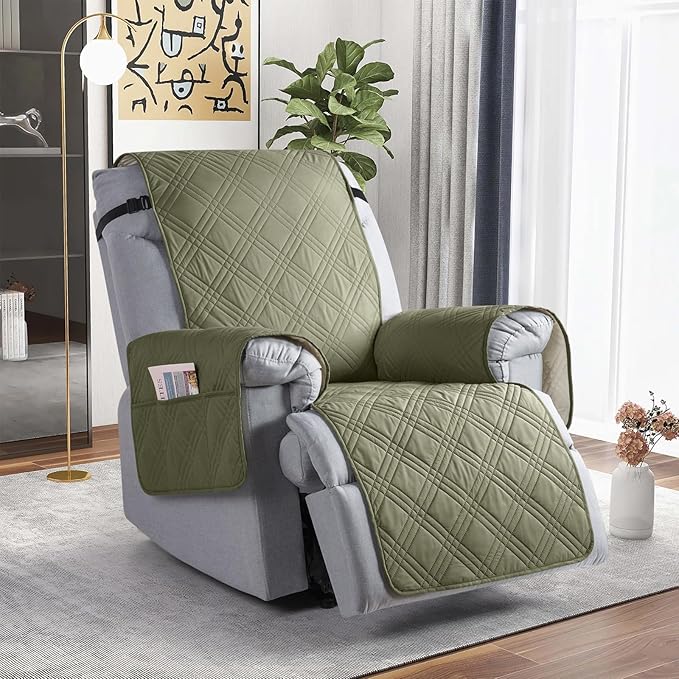 TAOCOCO 100% Waterproof Recliner Chair Cover, Non Slip Recliner Covers for Recliner Chair with Pocket, Washable Reclining Chair Cover Furniture Protector for Kids,Dogs(23.6'', Green)