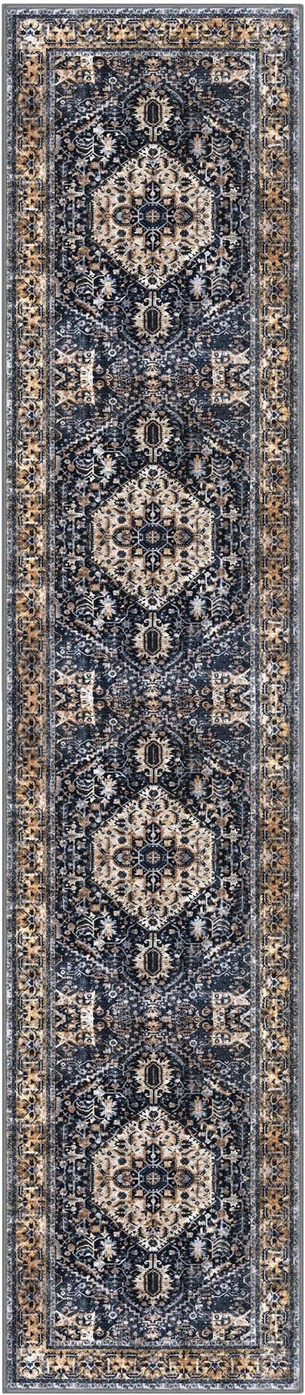 KOZYFLY Runners for Hallways 3x12 Ft Extra Long Washable Kitchen Thin Runner Boho Runner Rug for Entryway Indoor Printed Faux Wool Stair Runner Floor Carpet for Stair Kitchen Hall, Gold/Navy