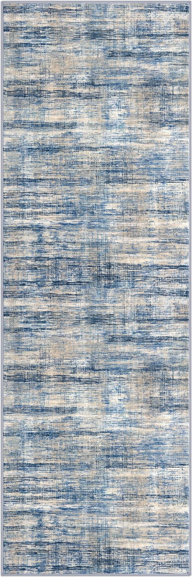 Modern Abstract Runners for Hallways 2x6, Kitchen Rug Blue Beige Washable Runner Rug Non-Slip Print Striped Ultra Thin Floor Carpet for Entryway Laundry Room Bedroom Bathroom Mat