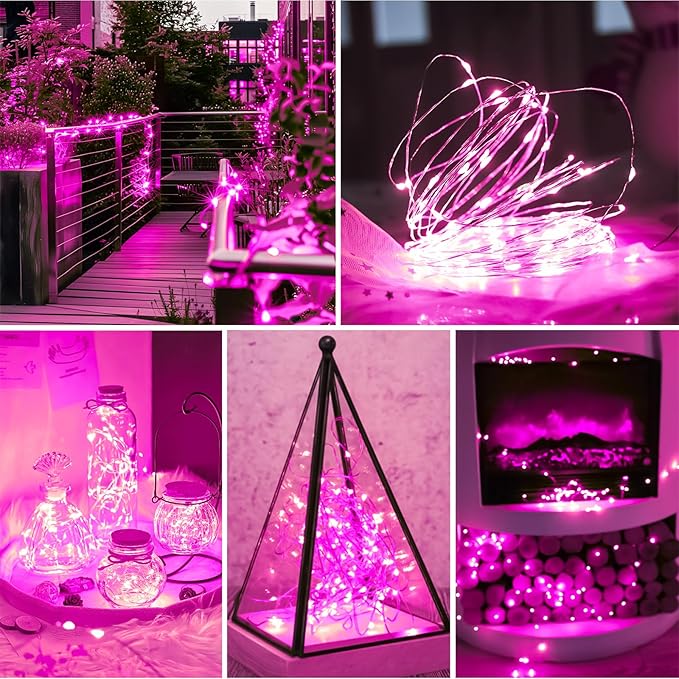Pink Fairy Lights Battery Operated (Included), 8 Modes & Auto Timer, 4 Packs 5m 50Led Mini Twinkle Silver Wire Firefly Starry Lights, Waterproof Battery Operated Lights for Mason Jars Parties