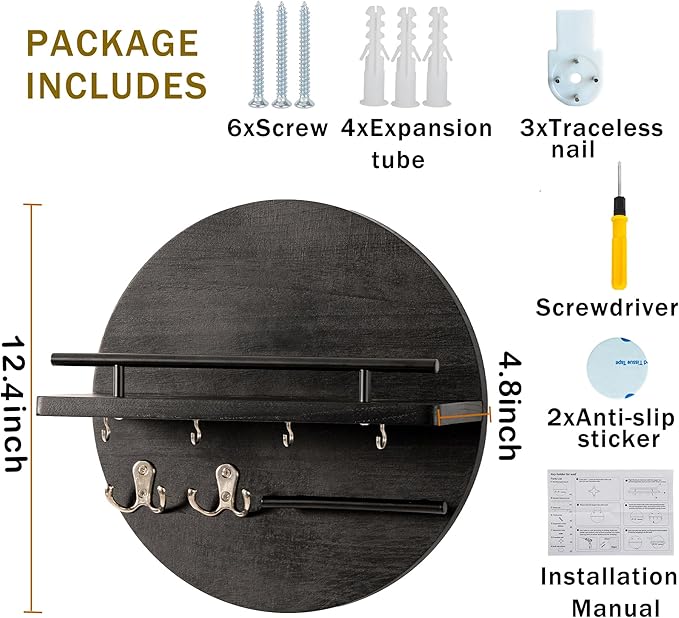 Key Holder for Wall Decorative with Shelf and Hooks, Mail Organizer Wall Mount, Circular Design Entryway Key Rack Hanger, Rustic Home Decor (Black)