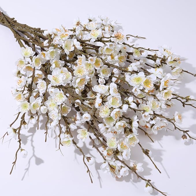 6 PCS Artificial Cherry Blossom Branches Spring Indoor Decoration, Faux Flowers 34.45" Long Stems Plum Fake Peach Plants Real Touch Silk for Wedding Home Bedroom Party Table Office, White