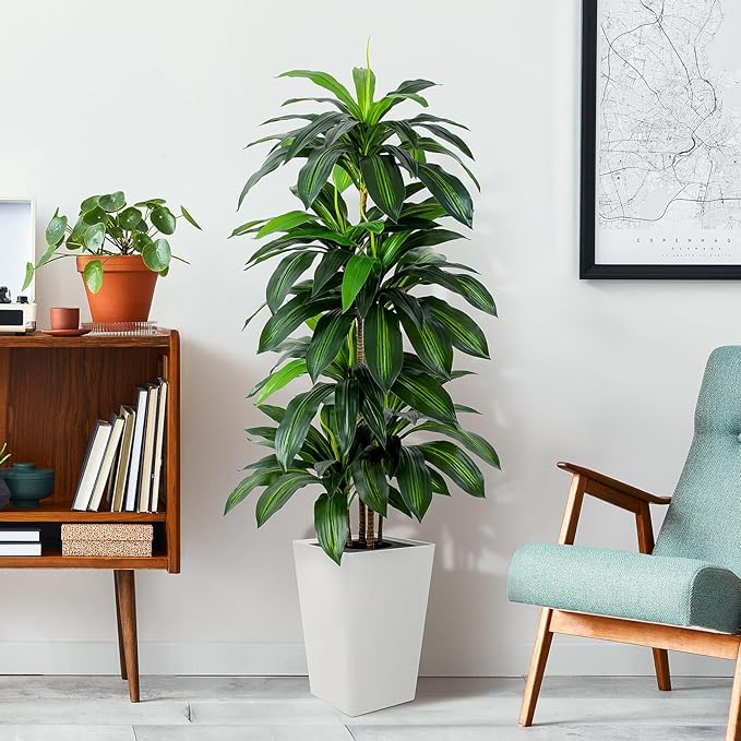 Artificial Dracaena Tree with White Tall Planter, 5ft Tall Potted Artificial Dracaena Silk Plant, Fake Yucca Tree Plant, Home Office Floor Room Decor Plants Indoor Outdoor, Housewarming Gift
