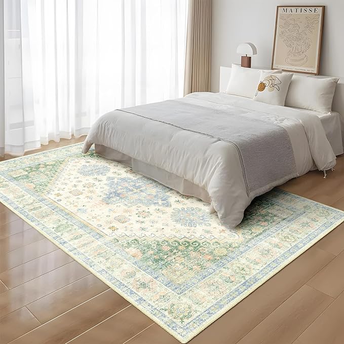 MUJOO 5x7 Area Rugs Washable,Boho Rug for Living Room Bedroom Dining Room Office,Large Throw Carpet,Non Slip Big Soft Indoor Low Pile Light Green and Blue