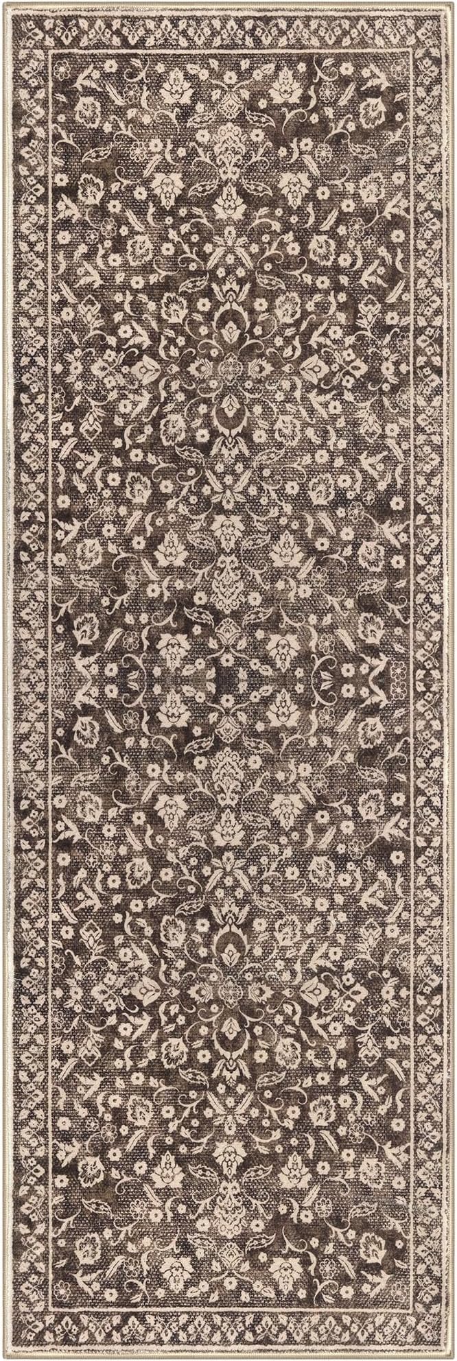 Vintage Washable Runner Rug 2x6, Rust Brown Red Runners for hallways, Super Soft Kitchen Runner Rug Non Slip, Printed Faux Wool Floral Thin Carpet Runner for Entryway Laundry Room Bedroom