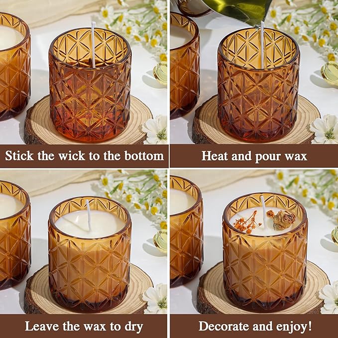 Lanttu 10pcs Empty Amber Diamond Glass Candle Jars, 7oz Glass Candle Containers with Wooden Lids and Labels, Candle Vessels for DIY, Gifts, Candle Making Supplies, Wedding Decorations