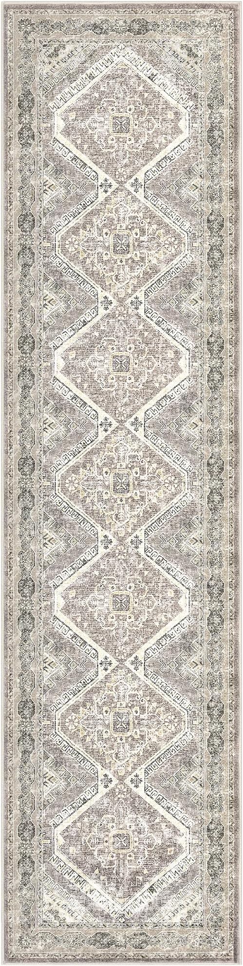 KUTA Oriental Kitchen Runner Rug, 2.6x10 Vintage Ivory Grey Yellow Brown Washable Hallway Rugs Non-Slip Ultra Soft Printed Distressed Tribal Floor Carpet for Bedroom Entryway Living Room