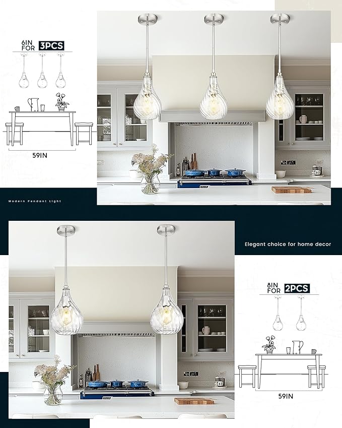 TENGXIN 2 Pack Pendant Lights Kitchen Island,Brushed Nickel Finished Striped Glass Hanging Pendant Light,Farmhouse Pendant Light for Dining Room,Bedroom,6 Inch