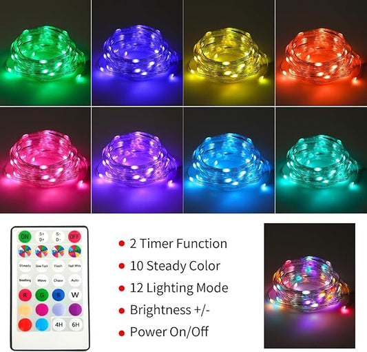 2 Pack Fairy Lights Battery Operated Color Changing String Lights with Remote, 16.4FT Twinkle Lights USB Plug or Battery Powered, Outdoor Christmas Decorations for Bedroom Wedding Party Indoor