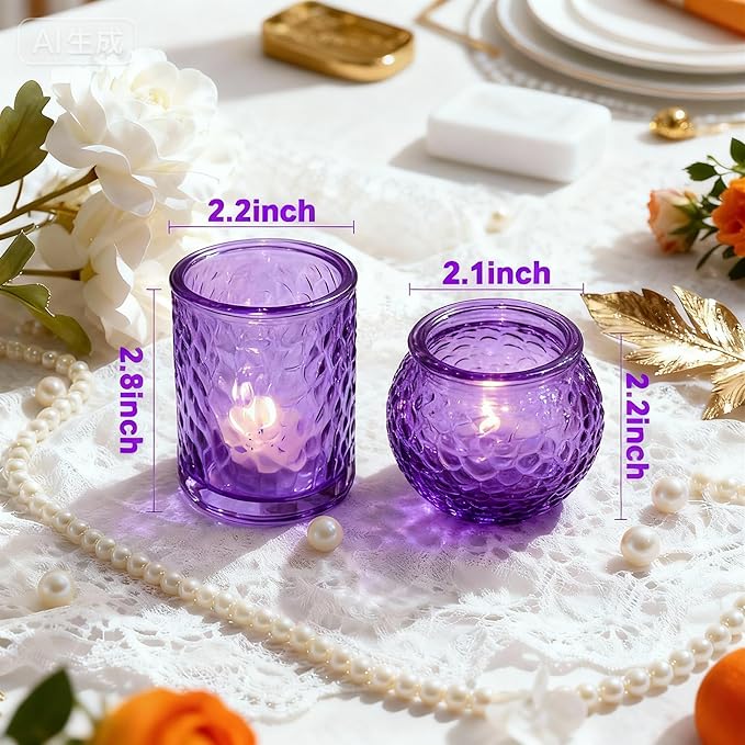 24-Piece Purple Glass Votive Candle Holders Set – Tealight Candle Holder Glass Bulk with 12 Round & 12 Hammered Textured Cups, Purple Votive Candle Holders for Weddings, Parties, Home