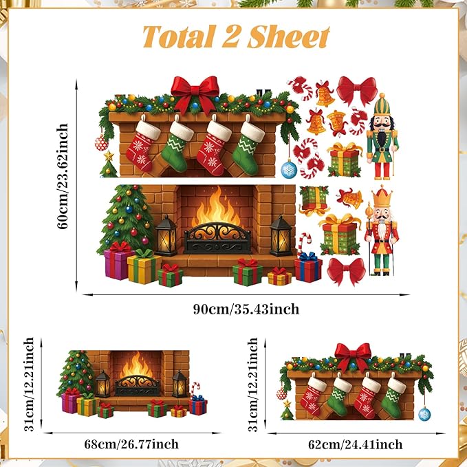 Large 3D Christmas Wall Decals,Christmas Fireplay Wall Sticker Nutcracker,Xmas Fireplace Wall Decoration,Fireplace Backdrop Decor,Winter Xmas Gift Nutcracker Decals for Home Living Room