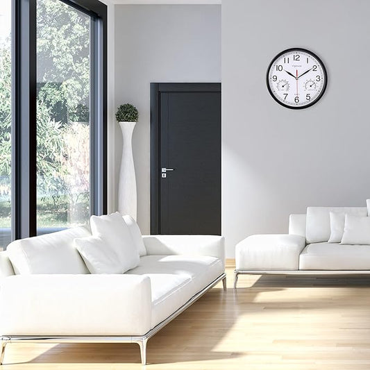 Wall Clock, Sweep Silent Movement Accurate Clocks with Temperature & Humidity, Decorative for Kitchen/Living Room/Bedroom/Office/School/Classroom (Black, 8 inch)