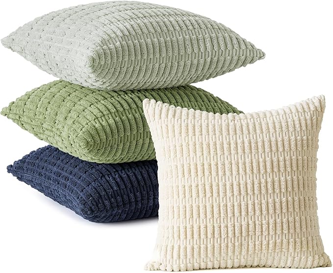 MIULEE Soft Corduroy Throw Pillow Covers Set of 4 Green Blue 18x18 Inch Modern Farmhouse Boho Decorative Accent Cushion Covers for Couch Sofa Bedroom