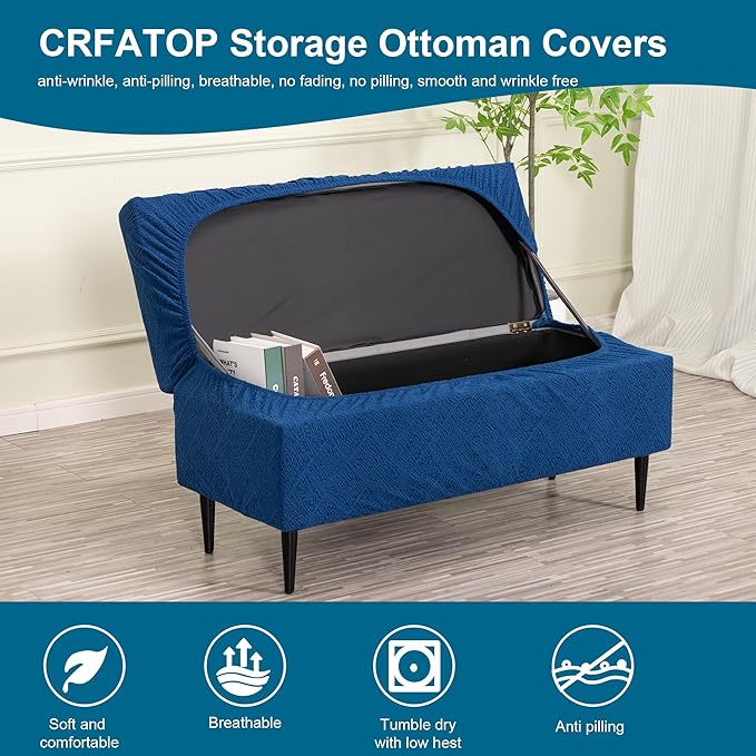 CRFATOP Jacquard Rectangle Ottoman Stool Cover Stretch Folding Storage Footstool Bench Slipcovers Upholstered Foot Chest Chair Covers Washable Entryway Furniture Protector with Elastic Bands,M,Navy