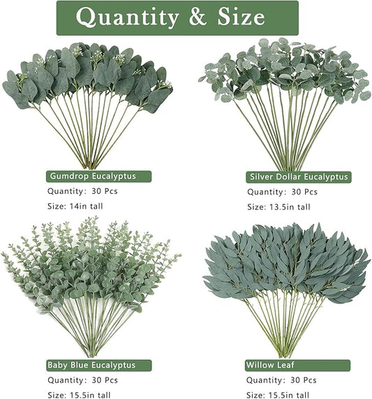 120 Pcs 4 Kinds Mixed Artificial Eucalyptus Leaves Stems Bulk Fake Silver Dollar Eucalyptus Bundle Faux Plants Greenery for DIY Bouquets Floral Arrangement Wedding Engagement Party Decor (Green)