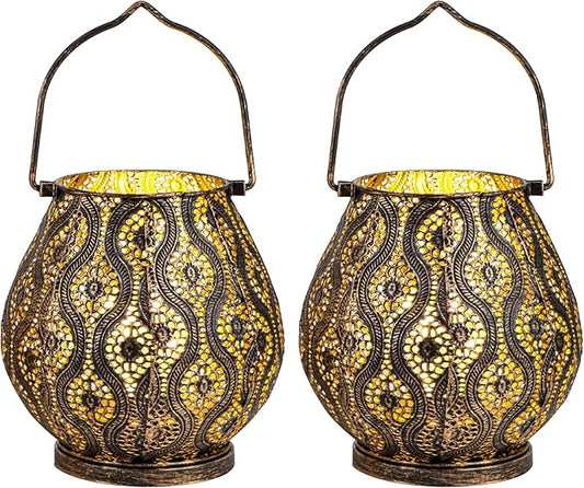TRIROCKS Set of 2 Moroccan Decorative Lamps 8'' High Cordless Lamp Metal Table Lamps with Fairy Lights Bulb for Home Living Room Garden Yard Party Events Tabletop Indoor Outdoor(Black)