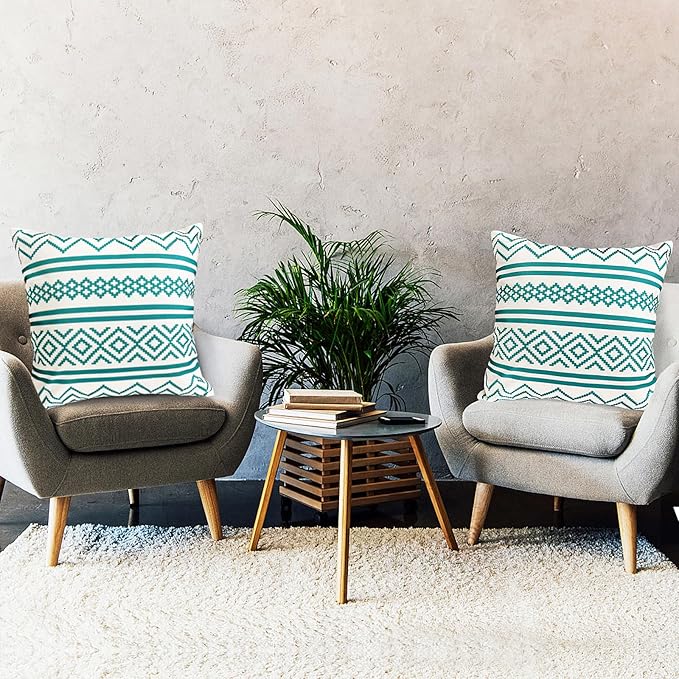 Decorative Throw Pillow Covers Set of 2 Teal Blue Boho Pillow Covers 18x18 Inch Throw Pillow Cover Linen Pillowcase Modern Farmhouse Outdoor Pillow Covers for Couch Sofa Bed Living Room