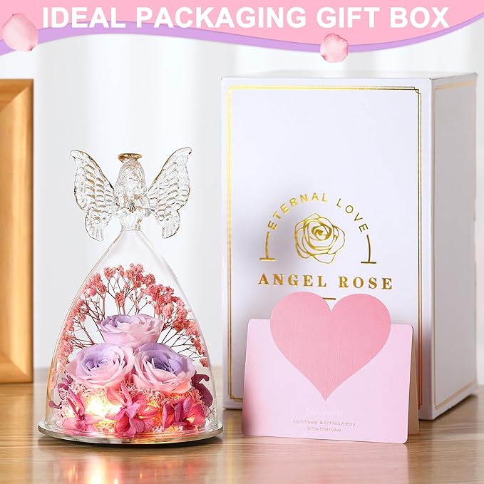 Mothers Day Mom Gifts for Women Preserved Flowers in Glass Angel Forever Flowers Gifts Eternal Roses Gifts for Grandma, PinkpurplePink