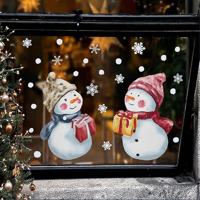 Christmas Snowman Wall Decals Stickers — Cute Winter Snowmen with Gift Boxes and Snowflakes Removable Vinyl Wall Decor for Living Room, Bedroom, Office, Holiday Decoration