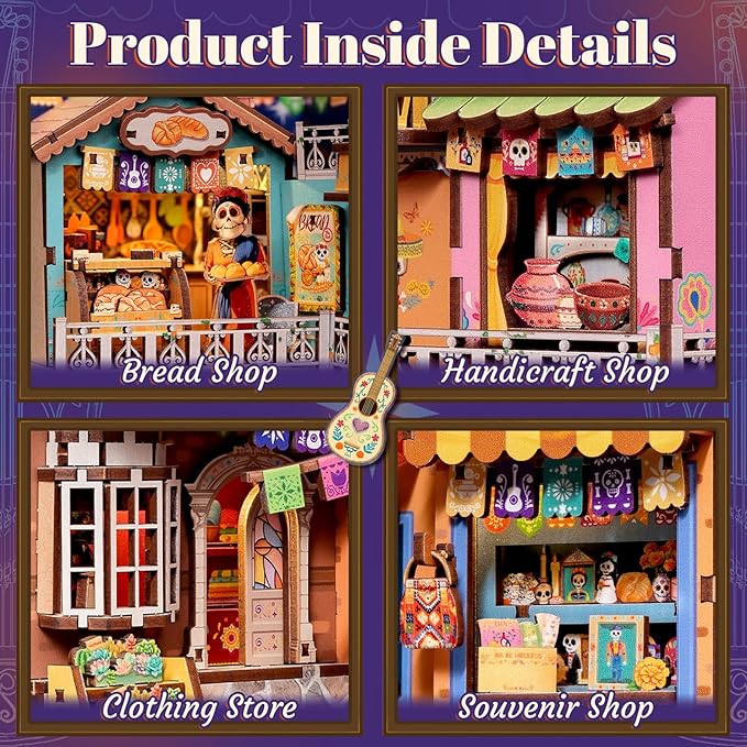 Fsolis Book Nook Kit - Decorative Bookends 3D Wood Puzzles Bookshelf Insert Diorama Kit DIY Miniature House for Adults Bookish Gifts for Women Book Lovers Bookworm (Plaza de Los Muertos)