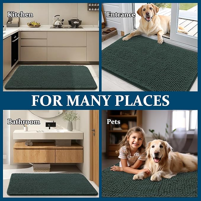 OLANLY Dog Door Mat for Muddy Paws 70x35, Absorbs Moisture and Dirt, Absorbent Non-Slip Washable Doormat, Quick Dry Chenille Mud Mat, Entry Indoor Entryway Carpet for Inside Floor, Blackish Green