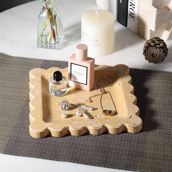 Travertine Scalloped Marble Tray, 7.8in Marble Vanity Tray, Premium Square Jewelry Dish for Perfume Earrings Keys Necklaces, Golden Decorative Tray for Bathroom, Unique Stone Dish, Decor Gift