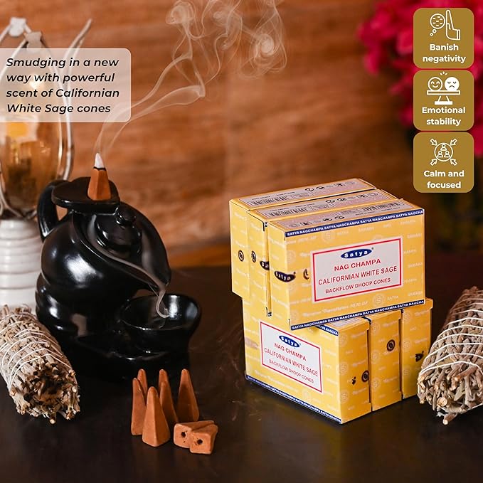 Californian White Sage Backflow Incense Cones for Waterfall Aromatic Smoke Fountain Haze Falls and Mat Bundle - Pack of 6