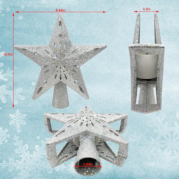 10" Christmas Tree Topper Projector with 6 Projection Modes, Built-in LED Rotating Light, 3D Glitter Dynamic Projector Light Up Xmas Tree Topper Star for Christmas Holiday Party Decorations Gifts