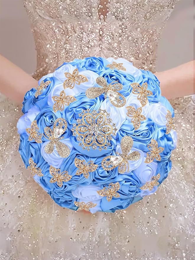 Handmade Floral Satin Rose Butterfly Shape Rhinestone Bridal Bouquet Luxury Golden Rhinestone Artificial Flowers for Wedding