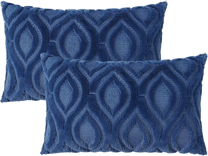 decorUhome Throw Pillow Covers 12x20 Inch Set of 2, Soft Plush Faux Wool Dark Blue Solid Couch Pillow Covers, Accent Farmhouse Neutral Lumbar Pillow Cases for Sofa Bed Living Room