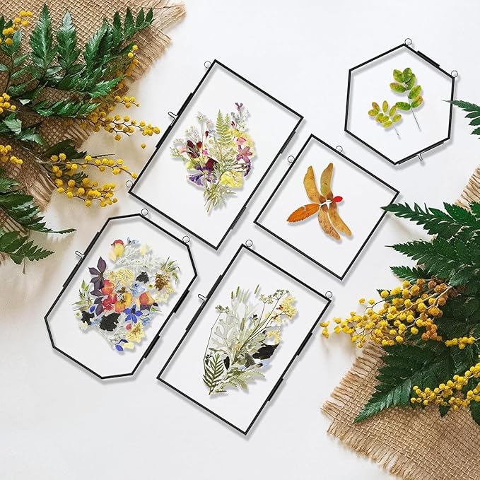 Hanging Pressed Flower Frames, 3Pcs Double Glass Floating Picture Frame Handmade, Glass Frame for Pressed Flowers, Vintage Brass Picture Frame for Artwork Wall Display Mount, Black