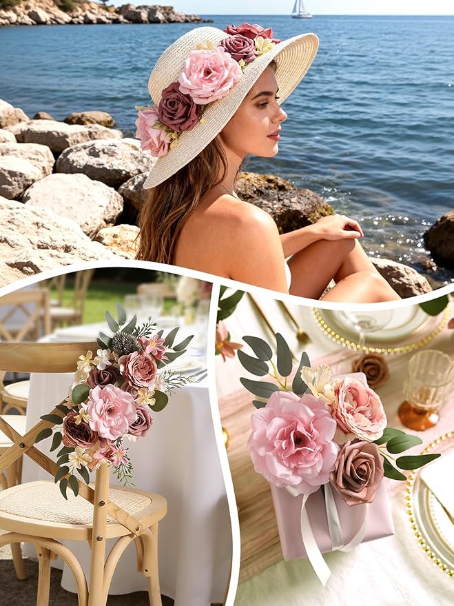 Dusty Rose Artificial Flowers Set - Fake Roses, Peonies, Silk Flowers with Stems for DIY Wedding Bouquets,Floral Arrangement,Table Centerpieces,Baby Shower, Home Decor