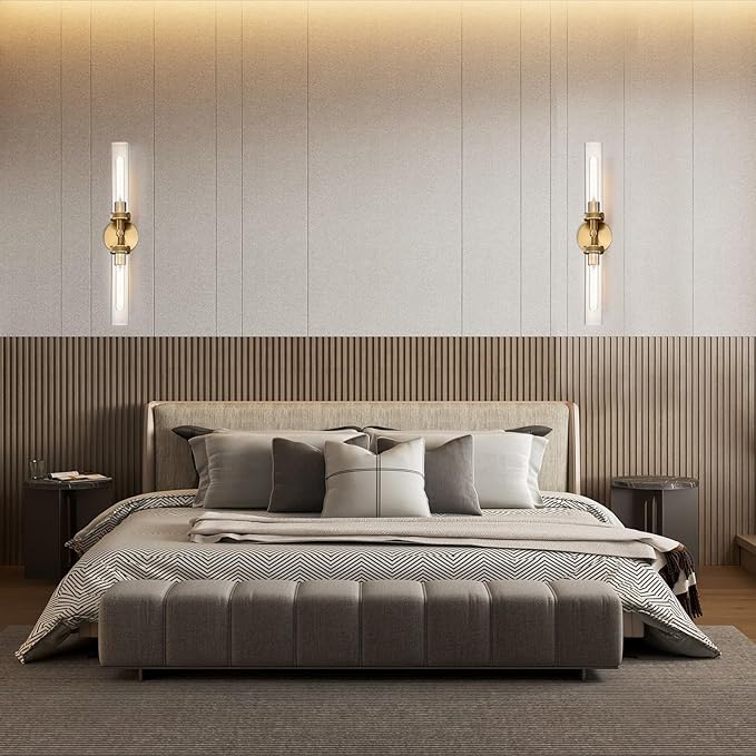 LaLuLa 2-Light Bathroom Vanity Light,Knurled Texture Linear Gold Wall Sconces,Clear Glass Tube Vanity Lighting Fixtures,Modern Wall Mounted Light,Indoor Wall Lights for Living Room,Bedroom,Hallway