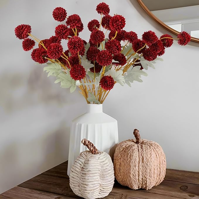 Hananona 12 Pcs Artificial Chrysanthemum Flowers, Red Kiku Pom Pom Mums Flower BurgundyFaux Floral Arrangements Wedding Centerpiece for Fall Autumn Home Kitchen Decor (12, Burgundy)