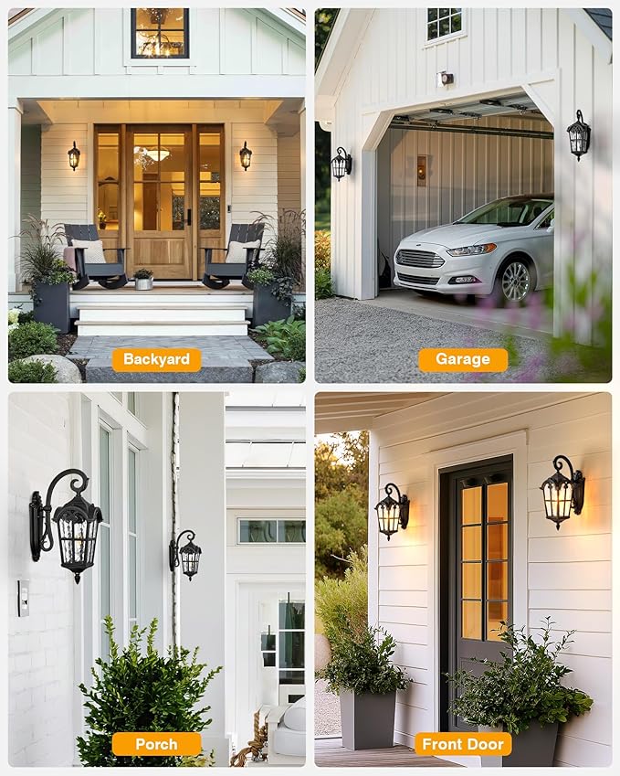 VIANIS Outdoor Lights for House, Black Dusk to Dawn Outdoor Lights with Gold Trim, 2-Pack Modern Outside Wall Light, Coach Lighting for Garage with Ripple Glass, Aluminum Waterproof and Anti-Rust
