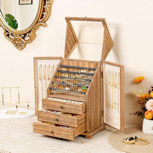 Jewelry Box Organizer, Rustic Wooden Jewelry Boxes for Women Girls, Large Storage Earring Holder Organizer Display for Earrings Necklaces Rings Bracelets, Jewelry Case as Gifts for Her