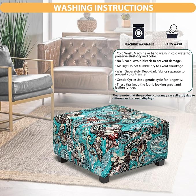 Ottoman Cover Square Slipcovers Printed,Stretch Footrest Stool Cover for Ottoman Square,Soft Foot Stool Cover Protector with Nonslip Elastic Bottom(Medium,Peacock Blue)