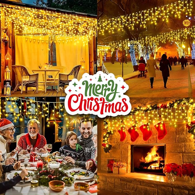 SAUIRS 100FT 960 LED Christmas Lights Outdoor Decorations with 180 Drops Timer 8Mode Curtaing String Lights Waterproof Plug in Fairy Lights for Indoor,Xmas,Party,Patio,Window,Trees Decor(Warm White)