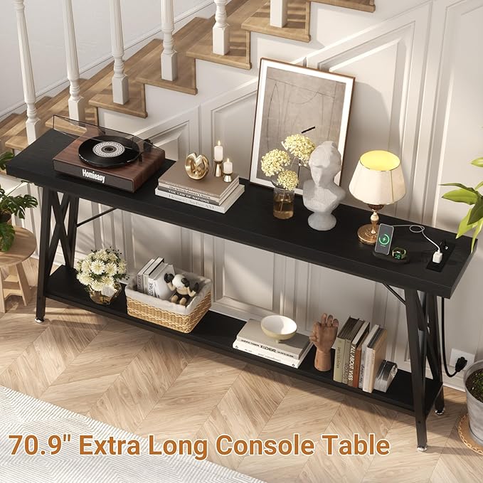 Homieasy 70.9 Inch Extra Long Console Table, Industrial Sofa Table Behind Couch with Charging Station & Storage Shelf, Entryway Table for Living Room & Entryway, Black