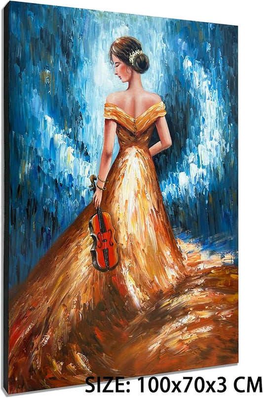 zoinart Hand Painted Abstract Oil Paintings Wall Art 28x40 Inches Large Modern 3D Vertical Canvas Wall Art Musical Girl Contemporary Art Framed Textured Artwork for Home Decorations