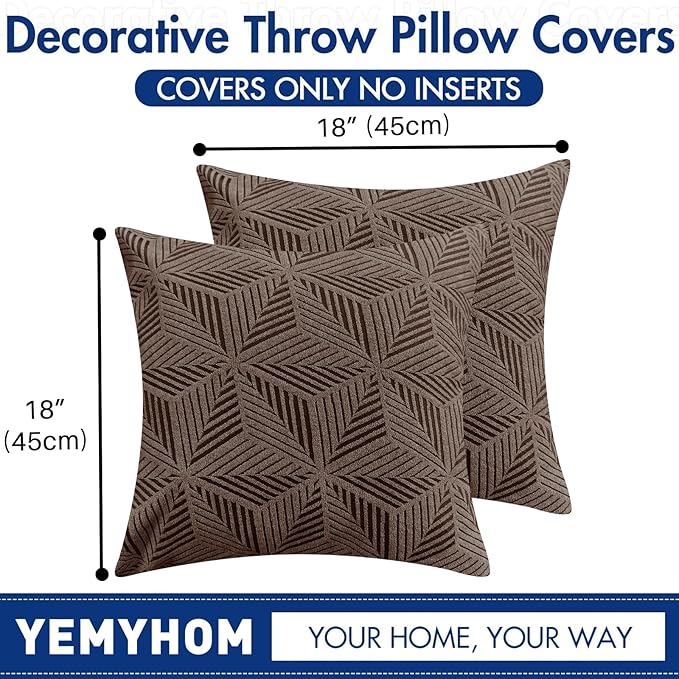 YEMYHOM Pack of 2 Throw Pillow Covers 18 x 18 Inch High Stretch Jacquard Pillowcase for Couch Sofa Living Room Home Decor, Brown
