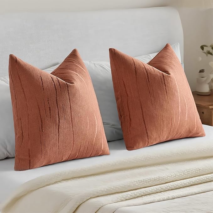 HAUSSY Rust Throw Pillow Covers 16x16 Inch Set of 2, Boho Embossed Striped Textured Decorative Pillowcases Soft Chenille Cushion Cases, Modern Home Decor for Couch Bed Living Room