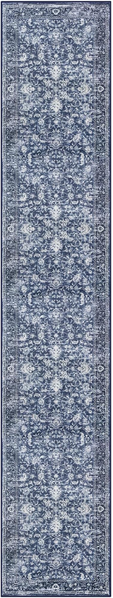 KILOCOCO Runner for Hallway 3x14 Runner Rug Printed Vintage Floral Washable Rug Kitchen Runners Soft Non-Slip Low Pile Hallway Runners Laundry Room Distressed Boho Rugs, Blue