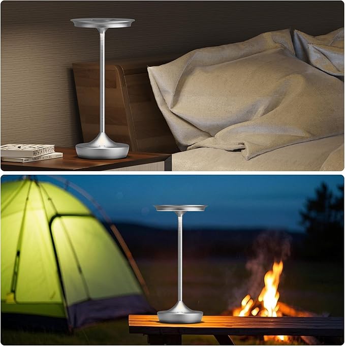 LED Cordless Table Lamps Rechargeable - Outdoor Battery Operated Portable Table Light 3 Color Stepless Dimming Tables Lamp with Memory Function for Patio Restaurant Dining 2 Pack Silver