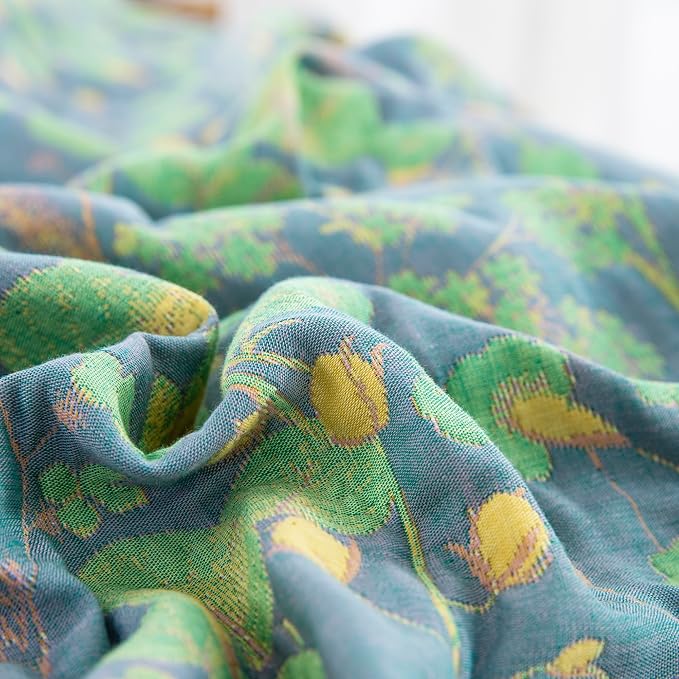 100% Cotton Muslin Botanical Blanket Jacquard Floral Plants Pattern Quilt, Soft Bed Cover Lightweight Breathable Gauzy Reversible Bedspread Coverlet Bedding Twin(59"x94"), No Pillow Sham
